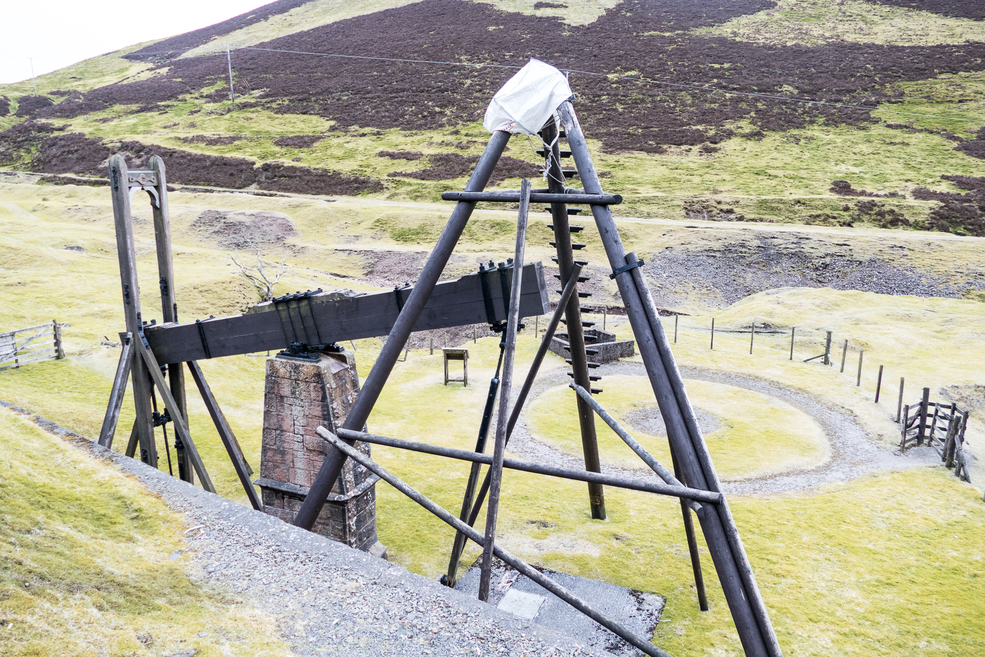 The 1745 beam engine at Wanlockhead, used to pump water from the mine workings.